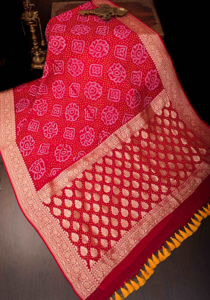 Red Authentic Sarkam Bandhej Silk Georgette Saree with zari Border | SILK MARK CERTIFIED