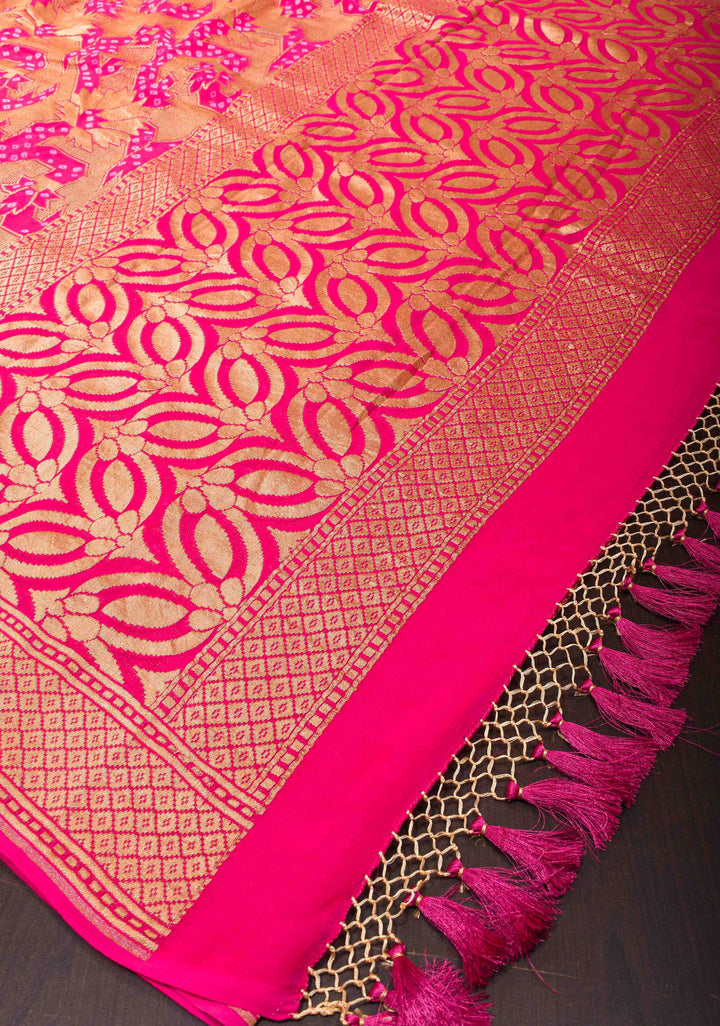 Abstract Jaal and Hand bandhej on Pure Banarasi Silk Georgette Saree in Pink | SILK MARK CERTIFIED