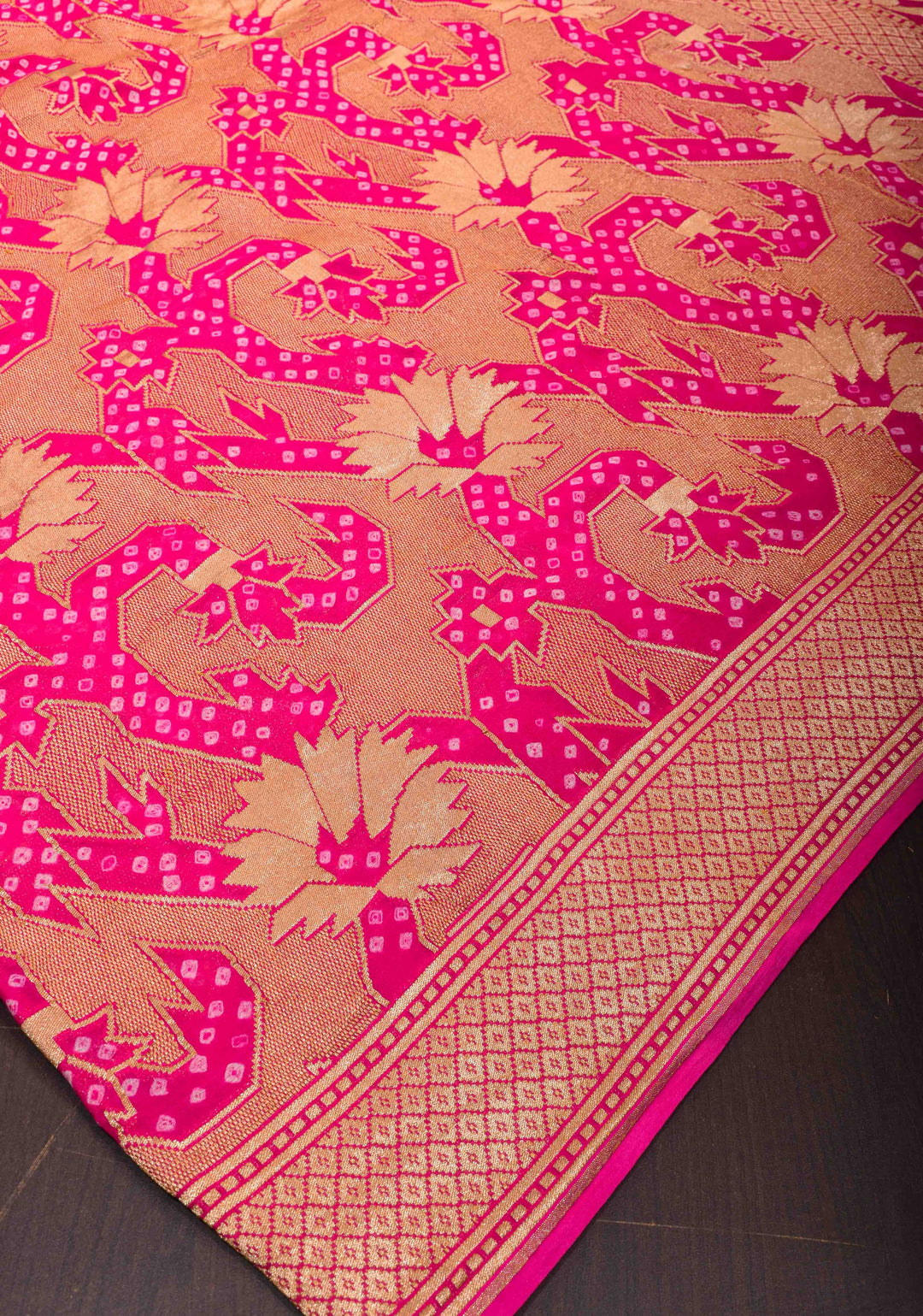 Abstract Jaal and Hand bandhej on Pure Banarasi Silk Georgette Saree in Pink | SILK MARK CERTIFIED