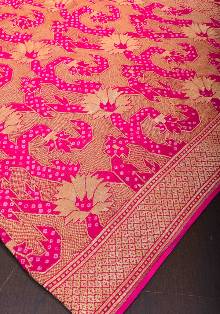 Abstract Jaal and Hand bandhej on Pure Banarasi Silk Georgette Saree in Pink | SILK MARK CERTIFIED