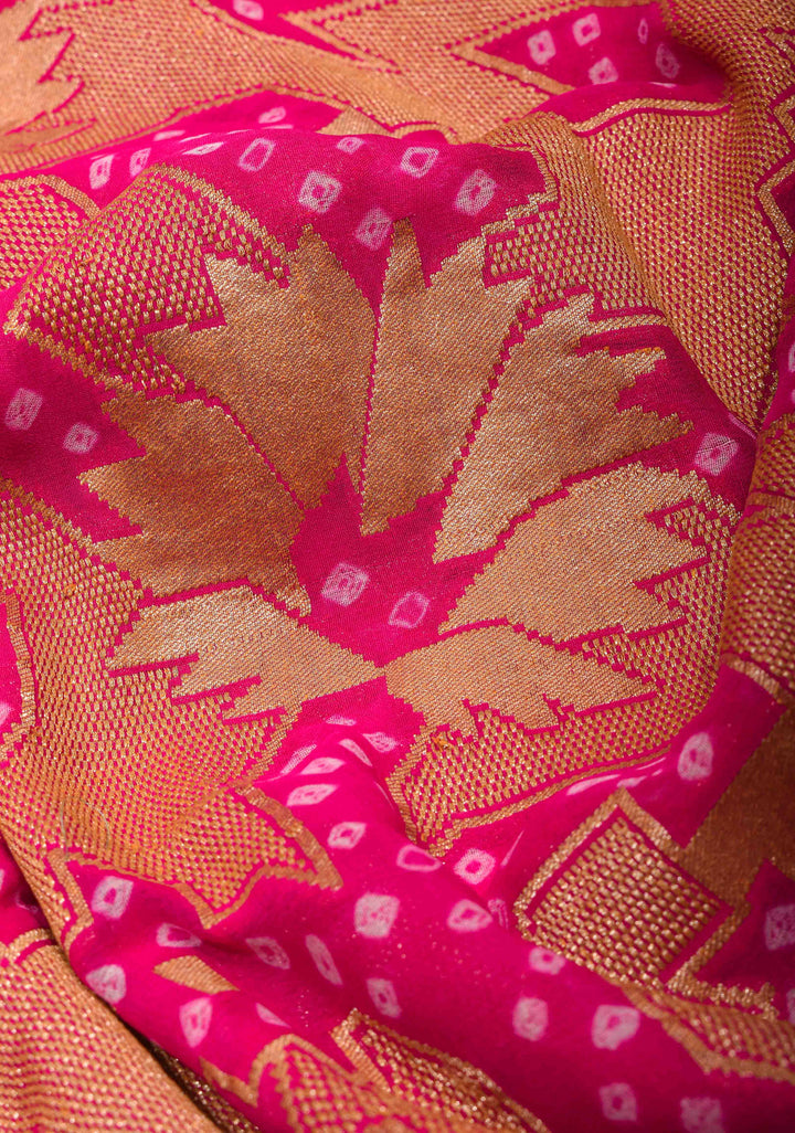 Abstract Jaal and Hand bandhej on Pure Banarasi Silk Georgette Saree in Pink | SILK MARK CERTIFIED
