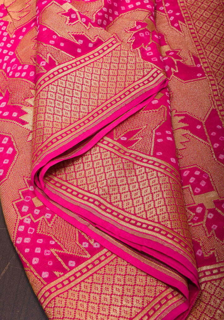 Abstract Jaal and Hand bandhej on Pure Banarasi Silk Georgette Saree in Pink | SILK MARK CERTIFIED