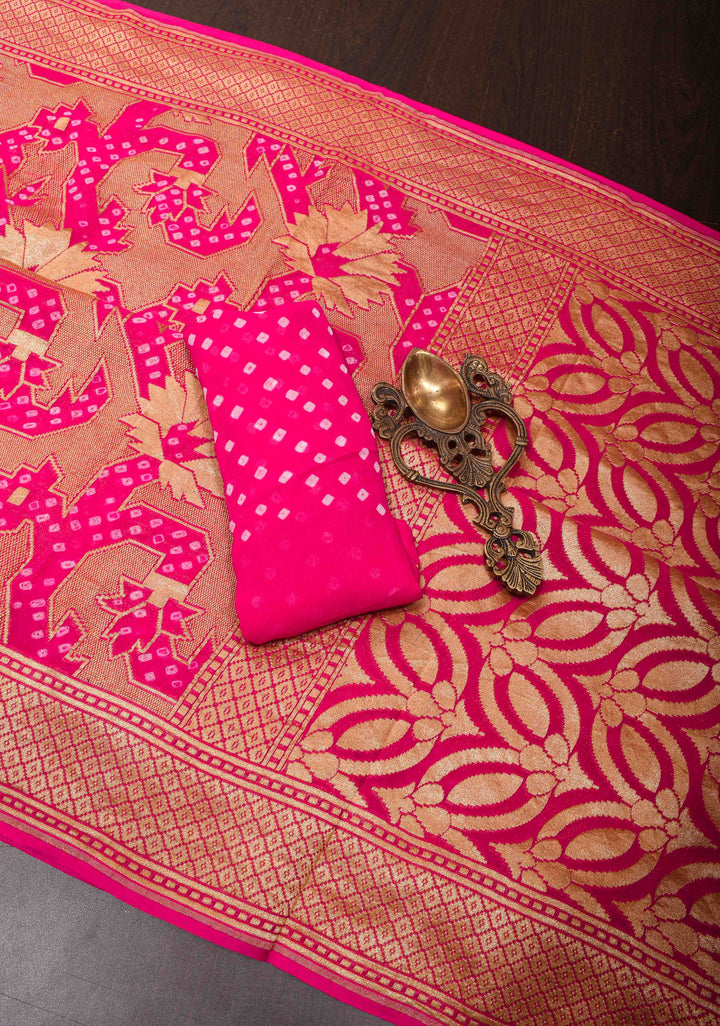 Abstract Jaal and Hand bandhej on Pure Banarasi Silk Georgette Saree in Pink | SILK MARK CERTIFIED