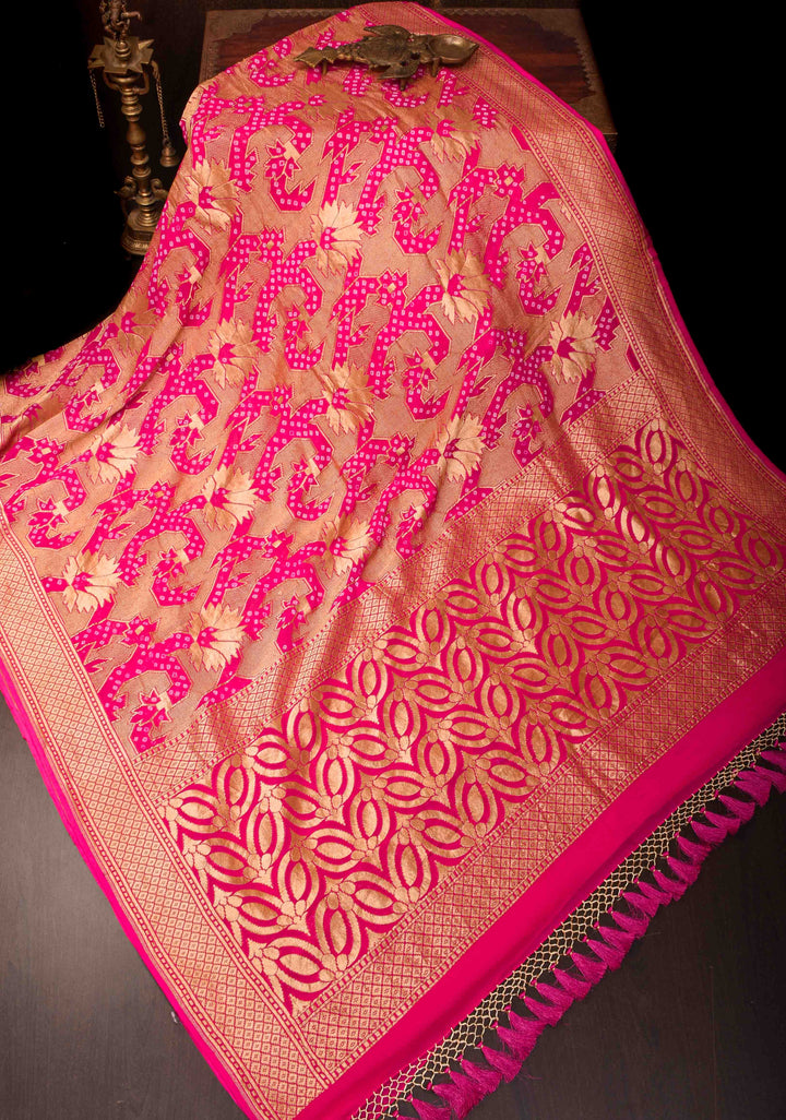 Abstract Jaal and Hand bandhej on Pure Banarasi Silk Georgette Saree in Pink | SILK MARK CERTIFIED