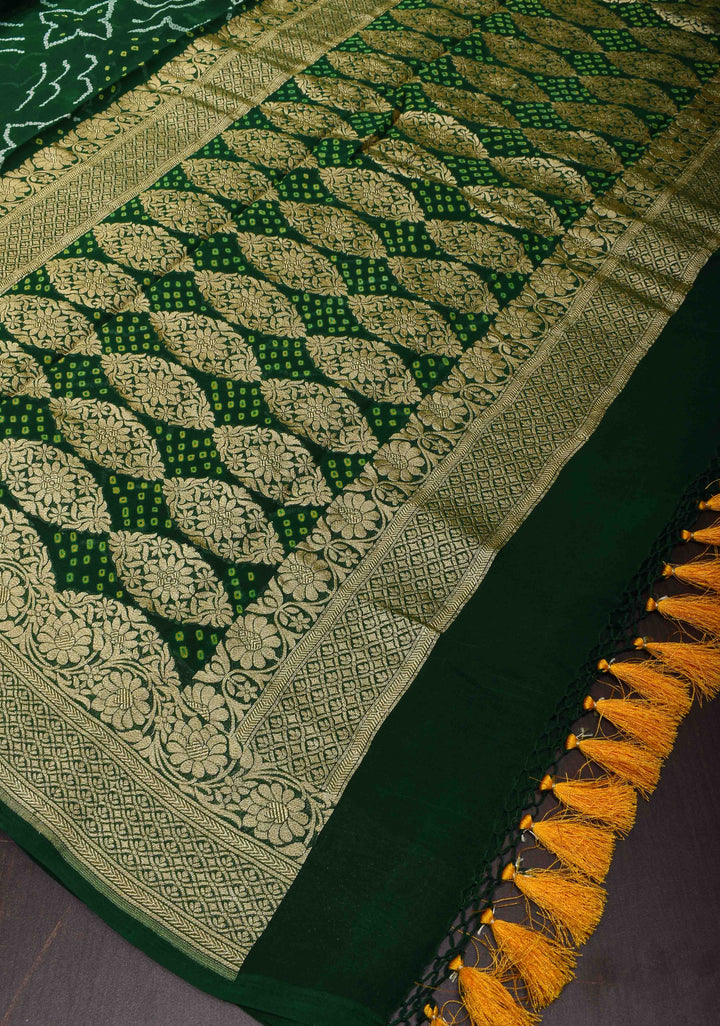 Authentic Sarkam Bandhej Silk Georgette Saree in Emerald Green with Zari Border | SILK MARK CERTIFIED