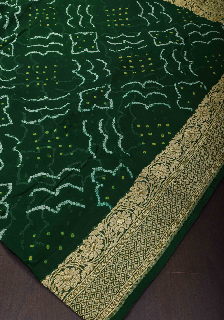 Authentic Sarkam Bandhej Silk Georgette Saree in Emerald Green with Zari Border | SILK MARK CERTIFIED