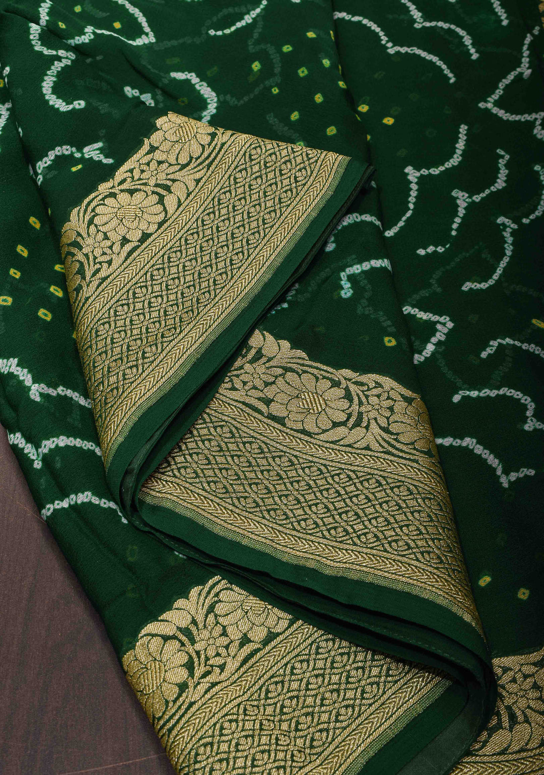 Authentic Sarkam Bandhej Silk Georgette Saree in Emerald Green with Zari Border | SILK MARK CERTIFIED