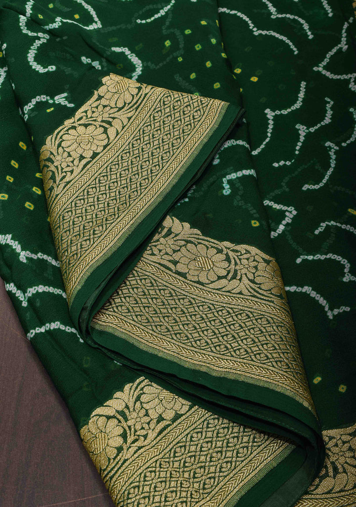 Authentic Sarkam Bandhej Silk Georgette Saree in Emerald Green with Zari Border | SILK MARK CERTIFIED