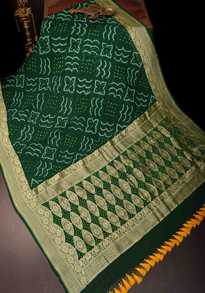 Authentic Sarkam Bandhej Silk Georgette Saree in Emerald Green with Zari Border | SILK MARK CERTIFIED