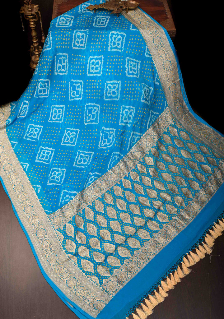 Authentic Sarkam Bandhej Silk Georgette Saree in Blue with zari Border | SILK MARK CERTIFIED