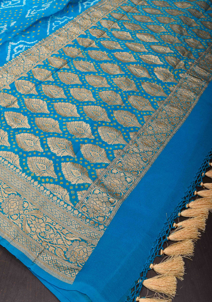 Authentic Sarkam Bandhej Silk Georgette Saree in Blue with zari Border | SILK MARK CERTIFIED