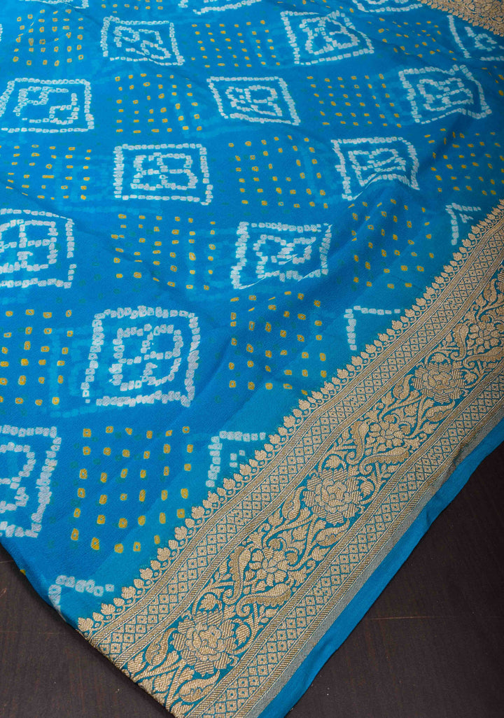 Authentic Sarkam Bandhej Silk Georgette Saree in Blue with zari Border | SILK MARK CERTIFIED