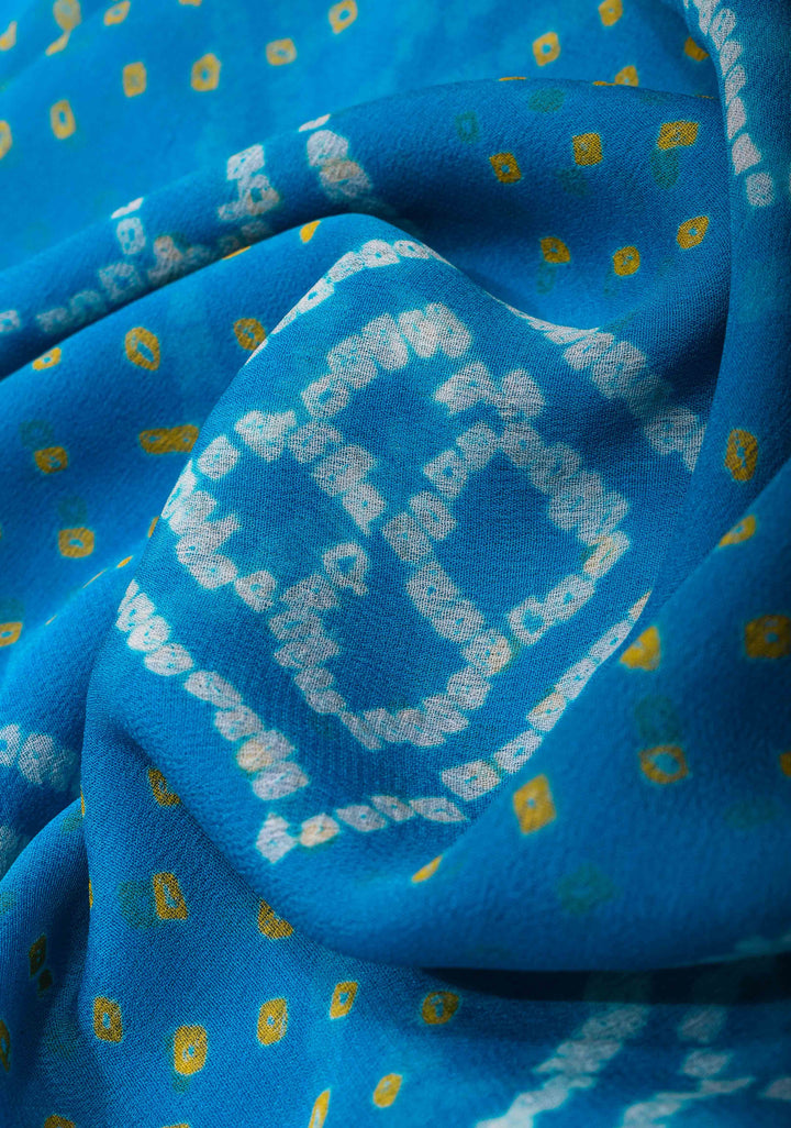 Authentic Sarkam Bandhej Silk Georgette Saree in Blue with zari Border | SILK MARK CERTIFIED
