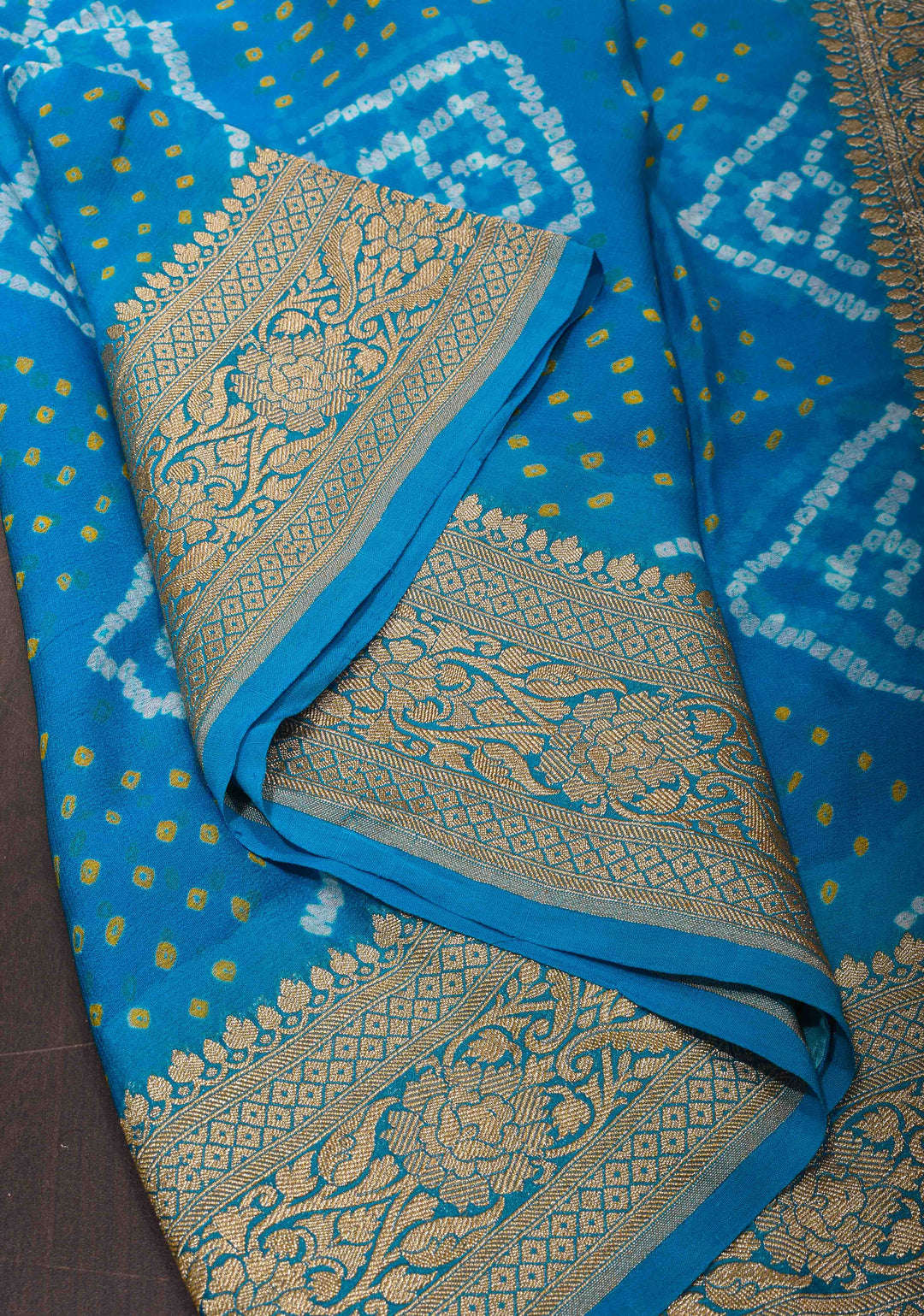 Authentic Sarkam Bandhej Silk Georgette Saree in Blue with zari Border | SILK MARK CERTIFIED
