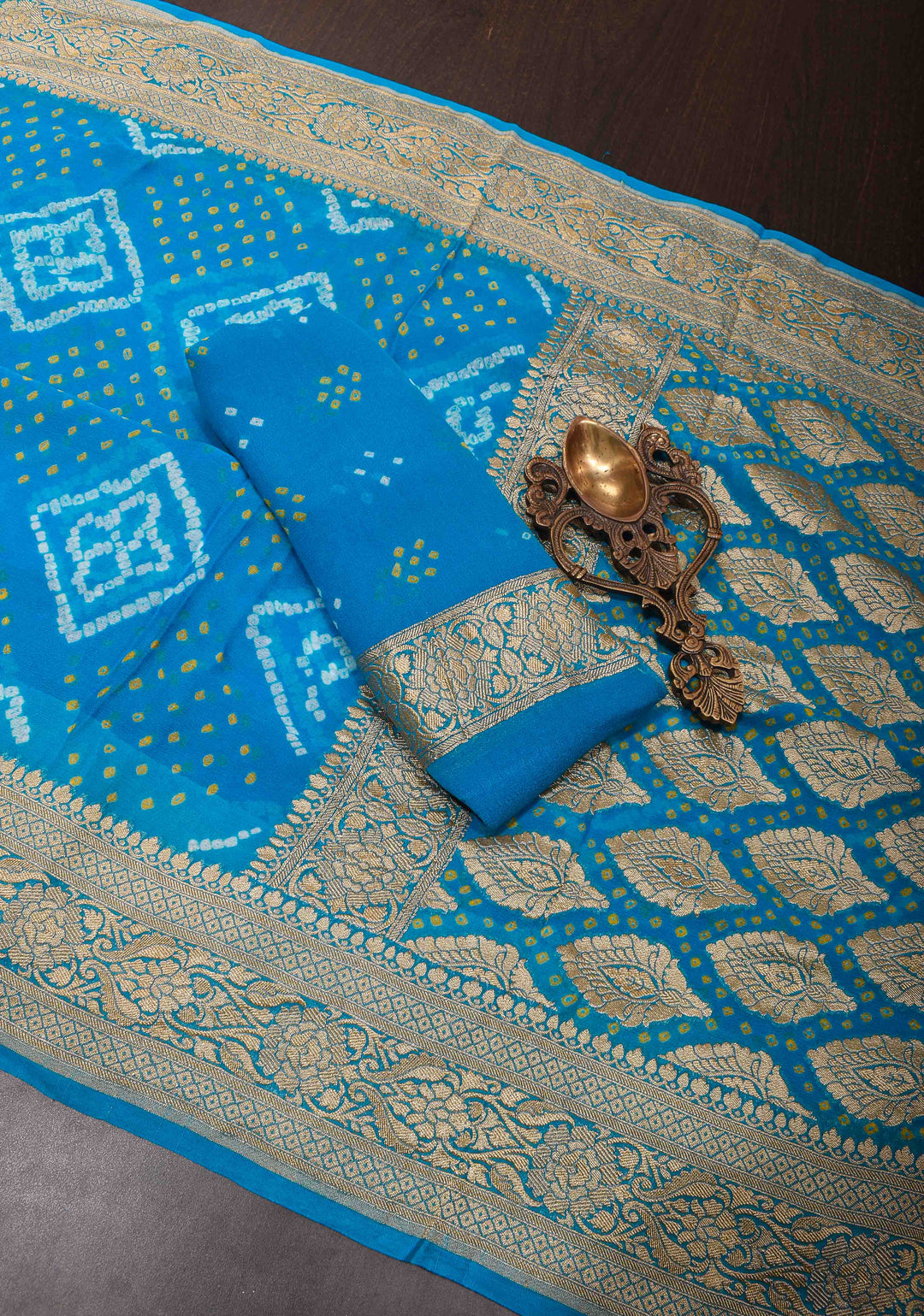 Authentic Sarkam Bandhej Silk Georgette Saree in Blue with zari Border | SILK MARK CERTIFIED