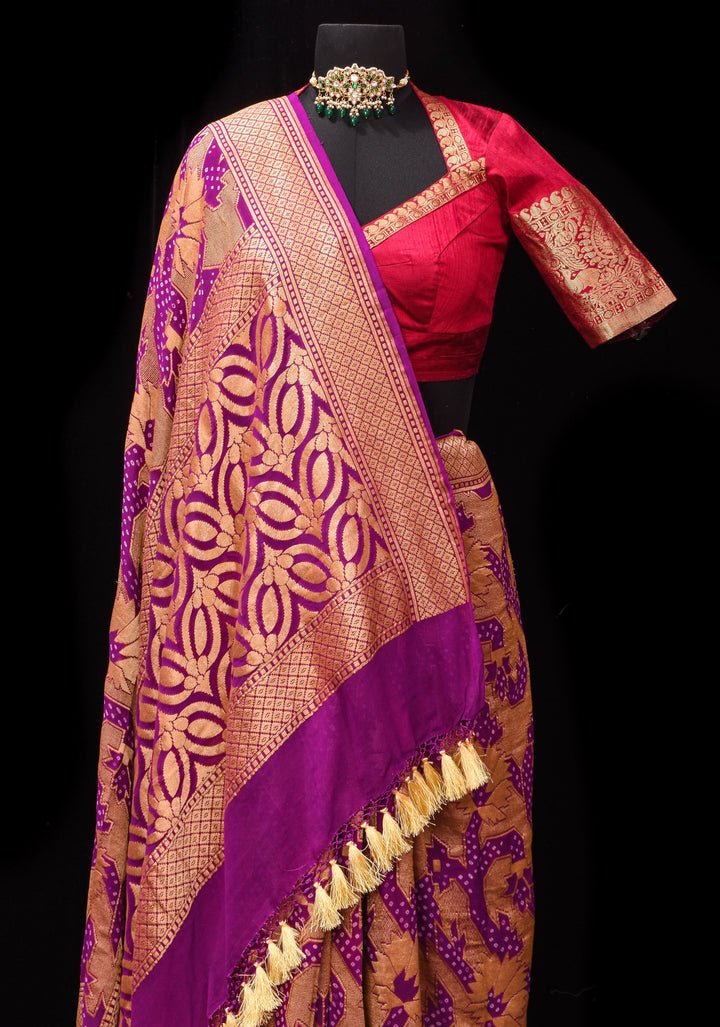 Abstract Jaal and Hand bandhej on Pure Banarasi Silk Georgette Saree in Purple | SILK MARK CERTIFIED