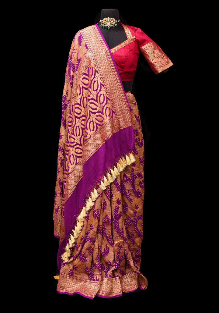 Abstract Jaal and Hand bandhej on Pure Banarasi Silk Georgette Saree in Purple | SILK MARK CERTIFIED