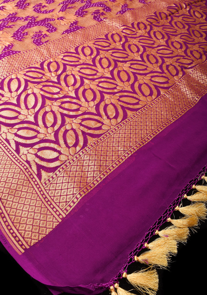 Abstract Jaal and Hand bandhej on Pure Banarasi Silk Georgette Saree in Purple | SILK MARK CERTIFIED
