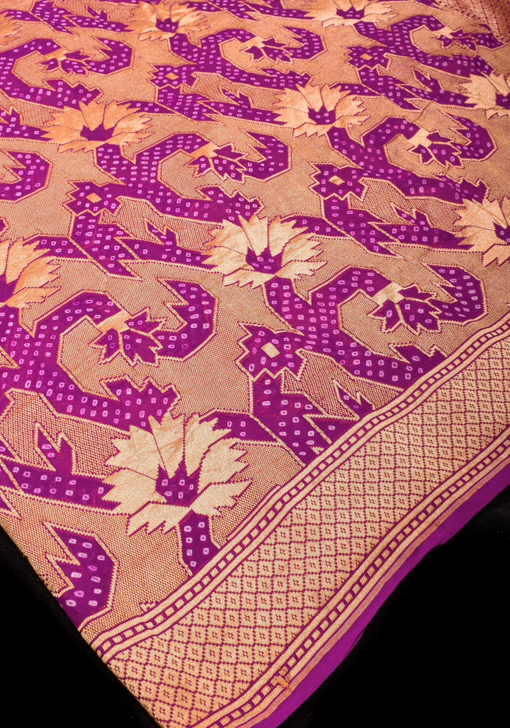 Abstract Jaal and Hand bandhej on Pure Banarasi Silk Georgette Saree in Purple | SILK MARK CERTIFIED