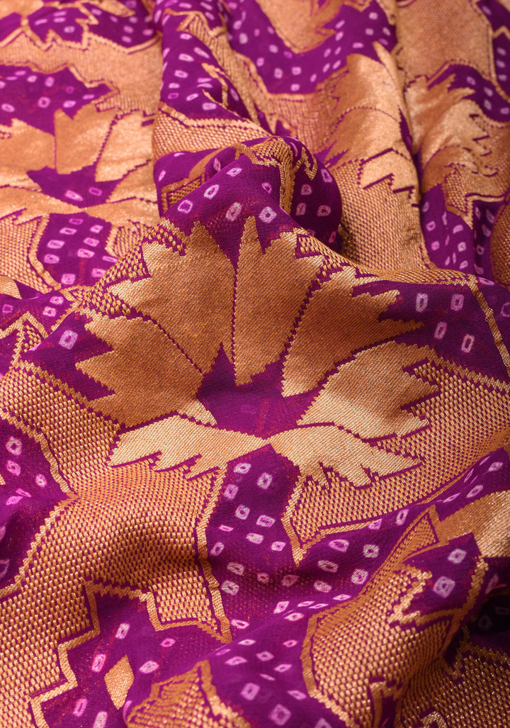 Abstract Jaal and Hand bandhej on Pure Banarasi Silk Georgette Saree in Purple | SILK MARK CERTIFIED