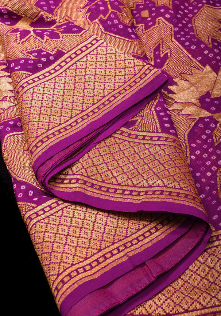 Abstract Jaal and Hand bandhej on Pure Banarasi Silk Georgette Saree in Purple | SILK MARK CERTIFIED
