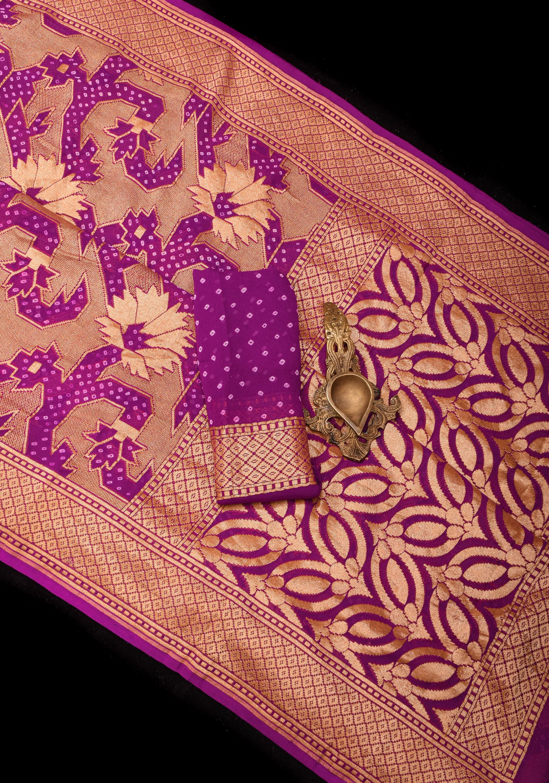 Abstract Jaal and Hand bandhej on Pure Banarasi Silk Georgette Saree in Purple | SILK MARK CERTIFIED
