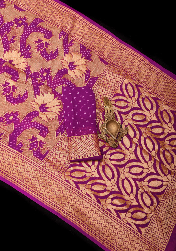 Abstract Jaal and Hand bandhej on Pure Banarasi Silk Georgette Saree in Purple | SILK MARK CERTIFIED