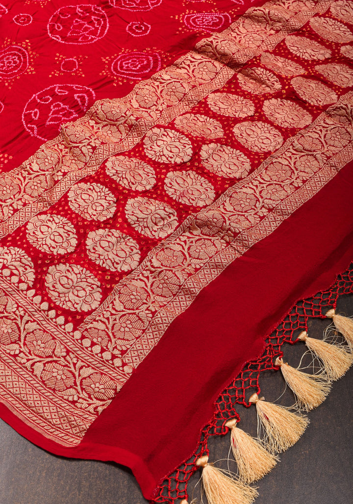 Red Banarasi Silk Georgette Dupatta with sarkam Bandhej and Zari border   | SILK MARK CERTIFIED