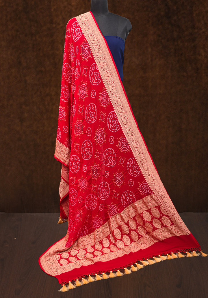 Red Banarasi Silk Georgette Dupatta with sarkam Bandhej and Zari border   | SILK MARK CERTIFIED