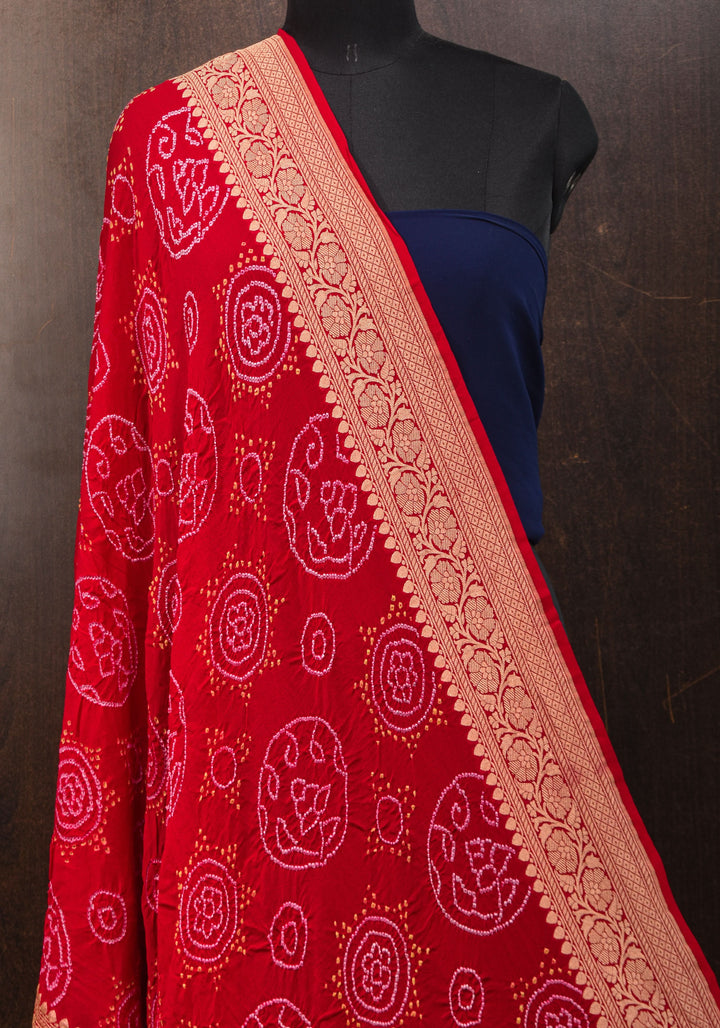 Red Banarasi Silk Georgette Dupatta with sarkam Bandhej and Zari border   | SILK MARK CERTIFIED