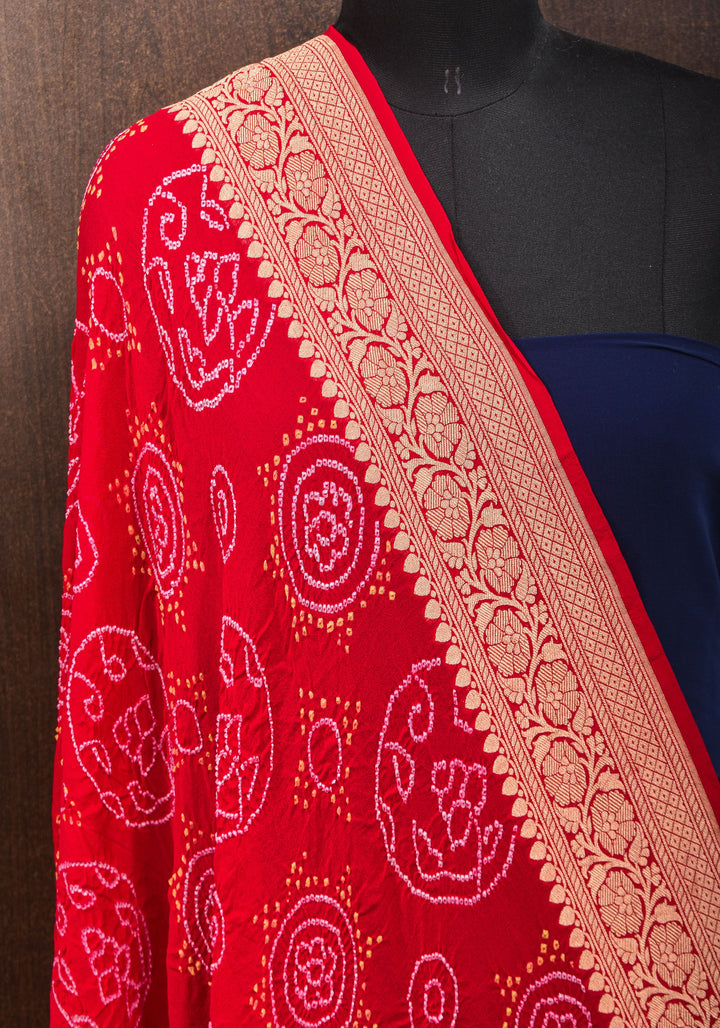 Red Banarasi Silk Georgette Dupatta with sarkam Bandhej and Zari border   | SILK MARK CERTIFIED