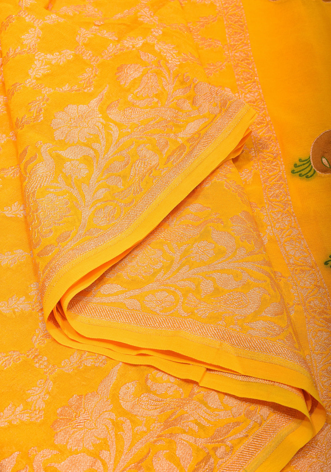 Yellow Banarasi Silk Georgette Saree with Jaal Zari and Resplendent Peacock Meenakari Pallu | SILK MARK CERTIFIED