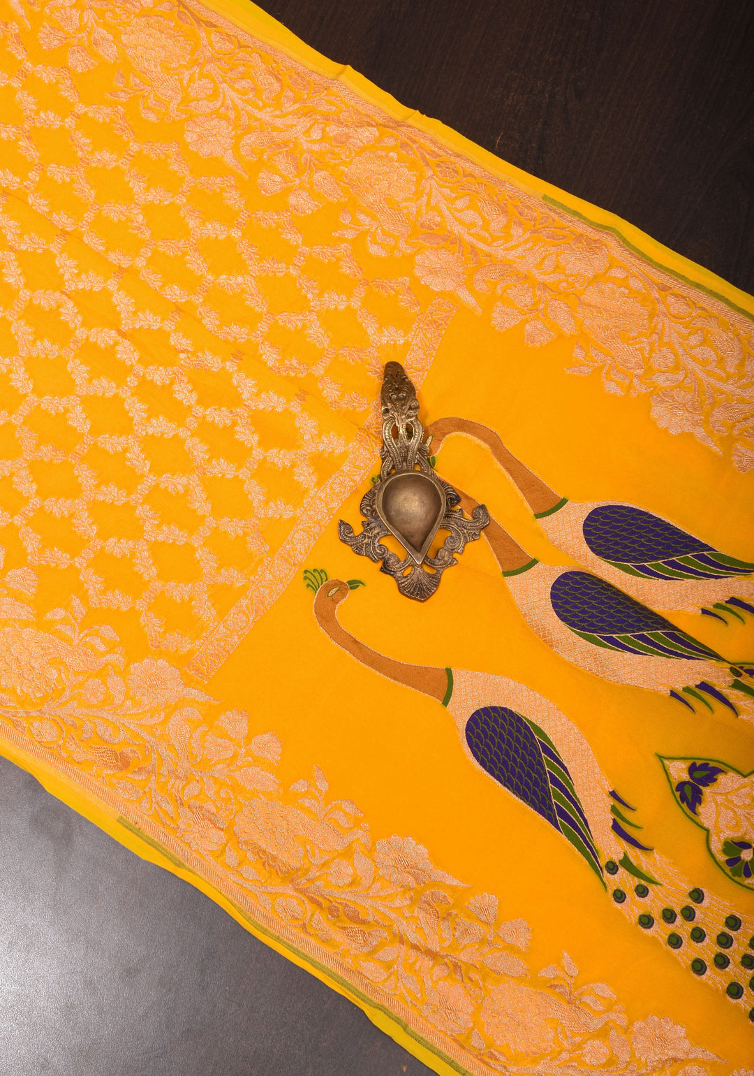 Yellow Banarasi Silk Georgette Saree with Jaal Zari and Resplendent Peacock Meenakari Pallu | SILK MARK CERTIFIED