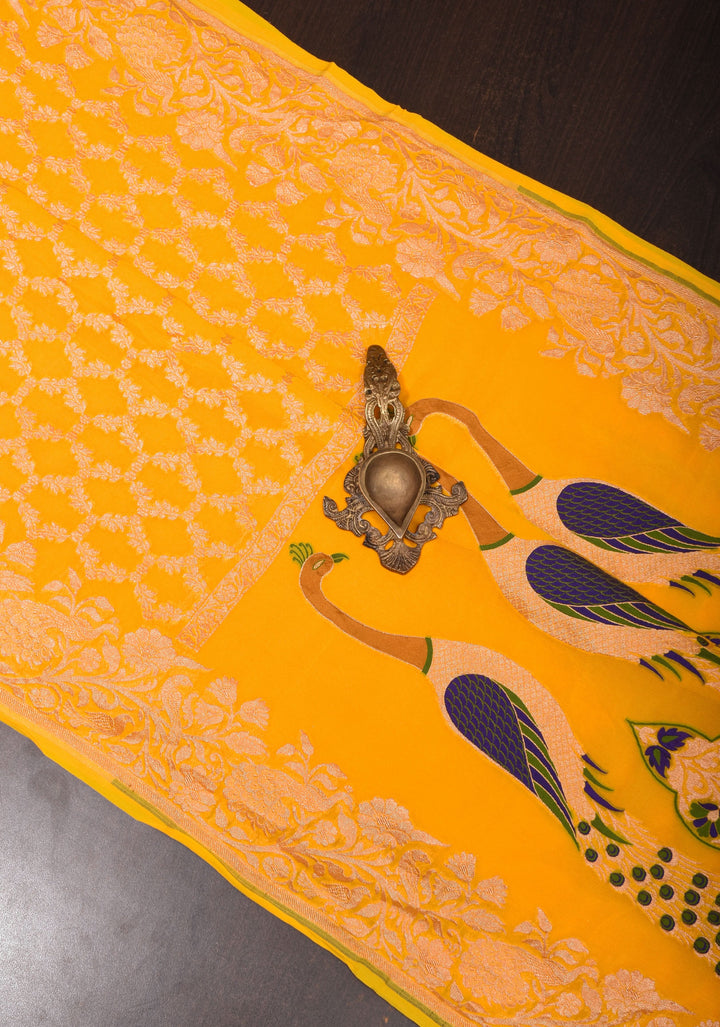 Yellow Banarasi Silk Georgette Saree with Jaal Zari and Resplendent Peacock Meenakari Pallu | SILK MARK CERTIFIED