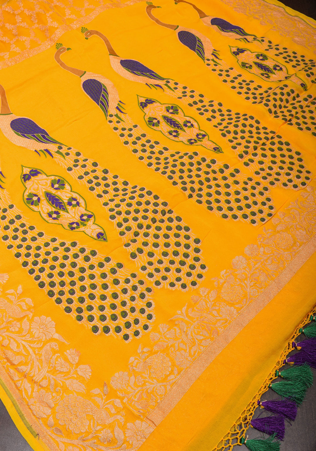 Yellow Banarasi Silk Georgette Saree with Jaal Zari and Resplendent Peacock Meenakari Pallu | SILK MARK CERTIFIED