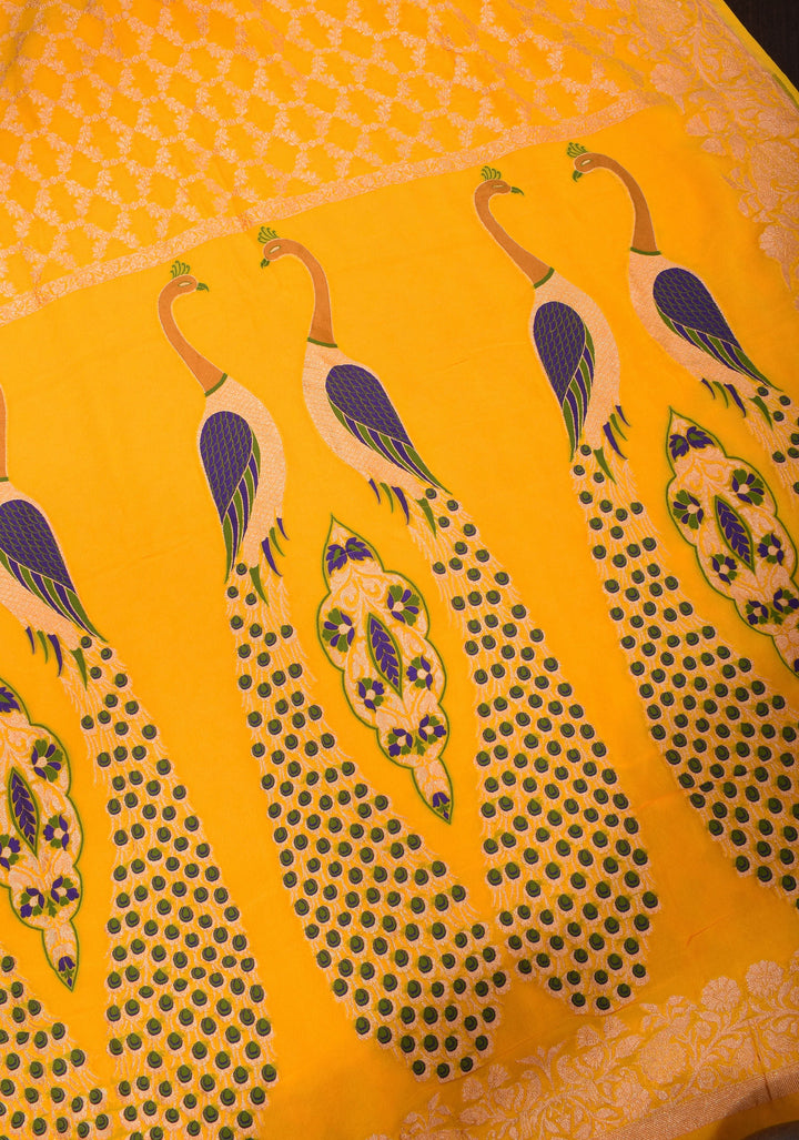 Yellow Banarasi Silk Georgette Saree with Jaal Zari and Resplendent Peacock Meenakari Pallu | SILK MARK CERTIFIED