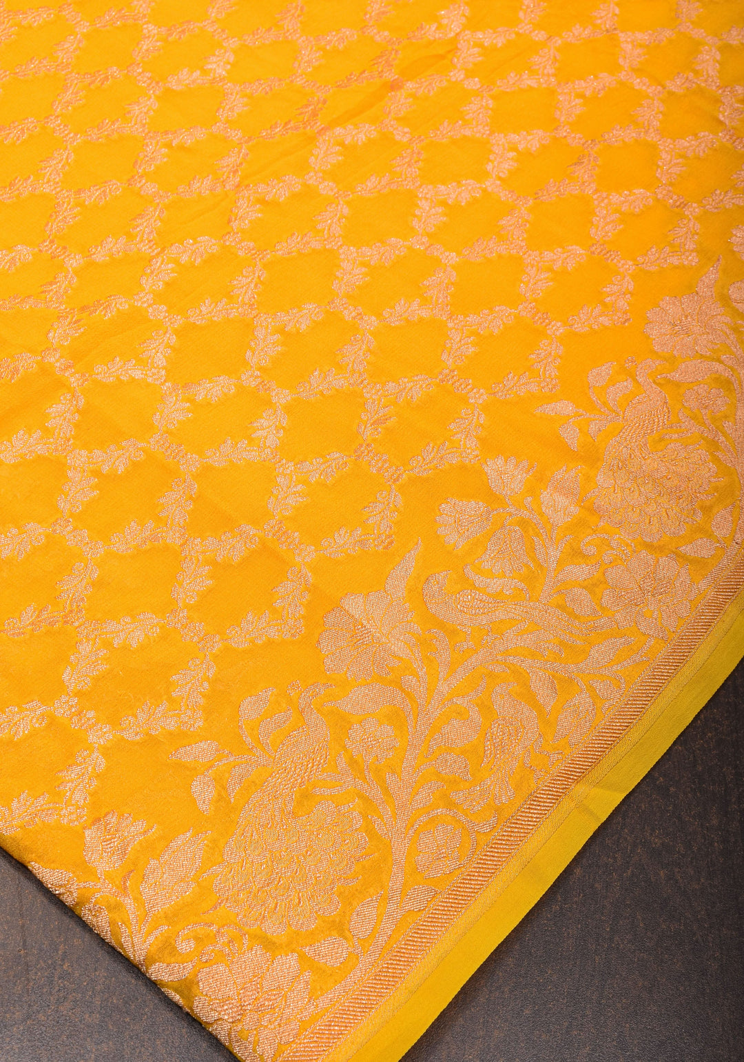 Yellow Banarasi Silk Georgette Saree with Jaal Zari and Resplendent Peacock Meenakari Pallu | SILK MARK CERTIFIED