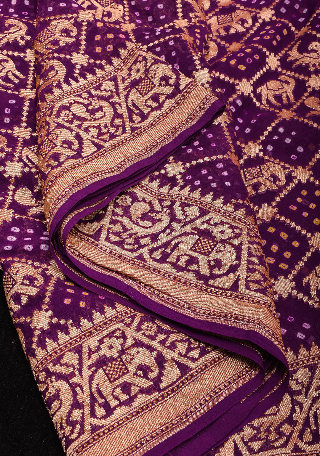 Exquisite Shikaargah Jaal Hand Bandhej Pure Banarasi Silk Georgette Saree in Purple | SILK MARK CERTIFIED