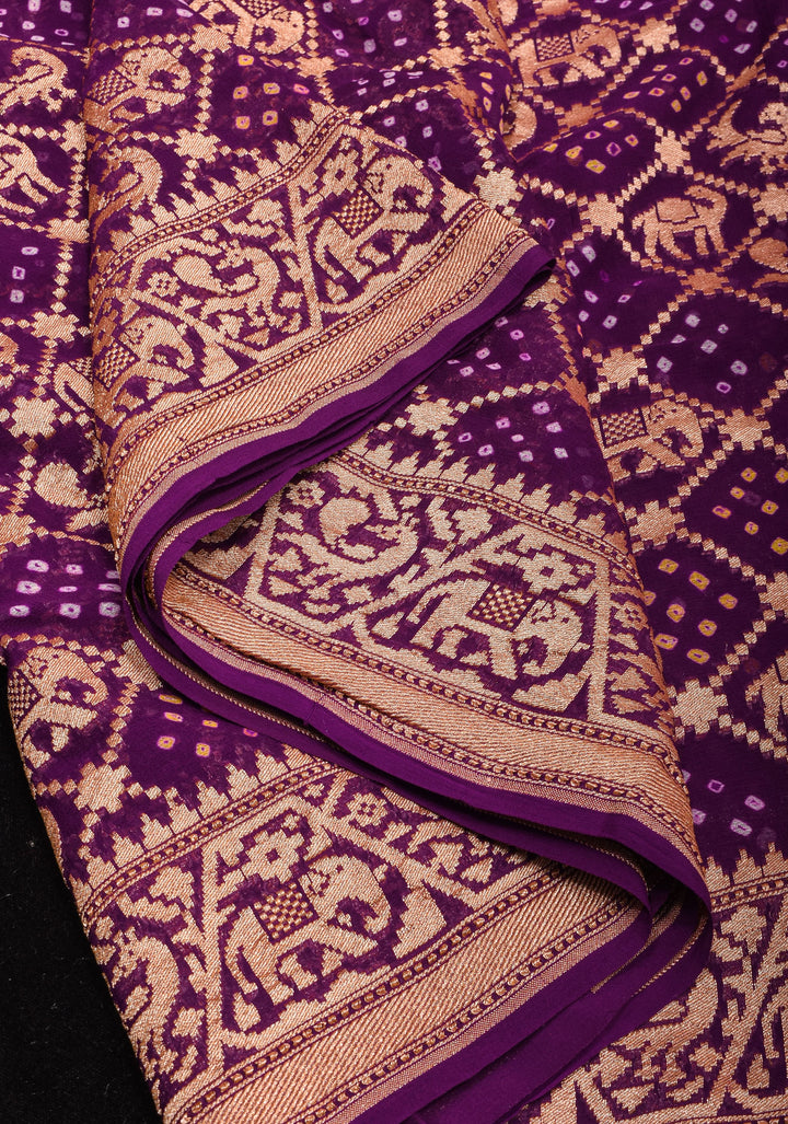 Exquisite Shikaargah Jaal Hand Bandhej Pure Banarasi Silk Georgette Saree in Purple | SILK MARK CERTIFIED
