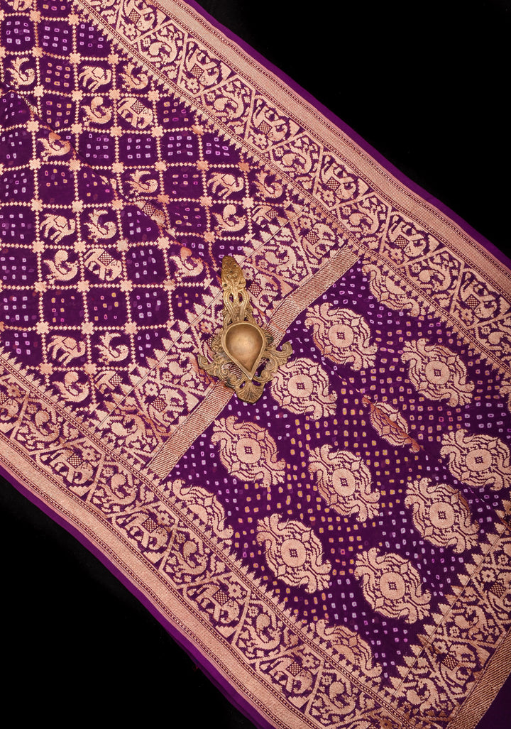 Exquisite Shikaargah Jaal Hand Bandhej Pure Banarasi Silk Georgette Saree in Purple | SILK MARK CERTIFIED