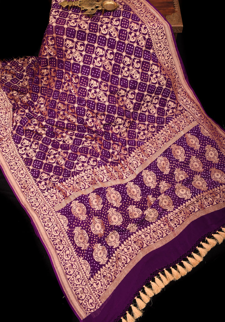 Exquisite Shikaargah Jaal Hand Bandhej Pure Banarasi Silk Georgette Saree in Purple | SILK MARK CERTIFIED