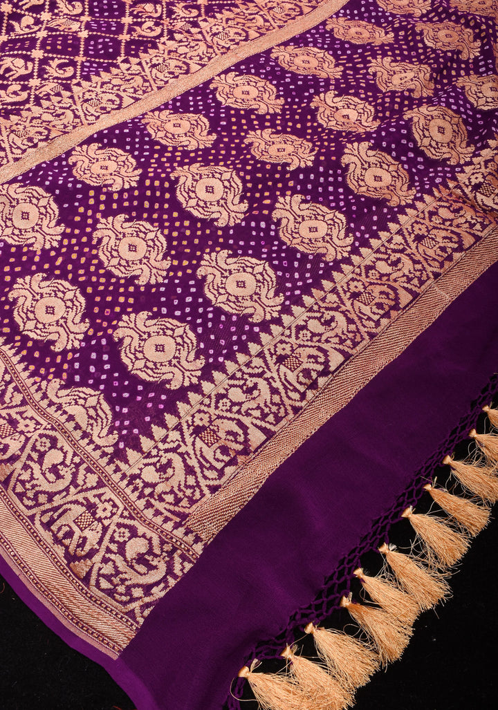 Exquisite Shikaargah Jaal Hand Bandhej Pure Banarasi Silk Georgette Saree in Purple | SILK MARK CERTIFIED