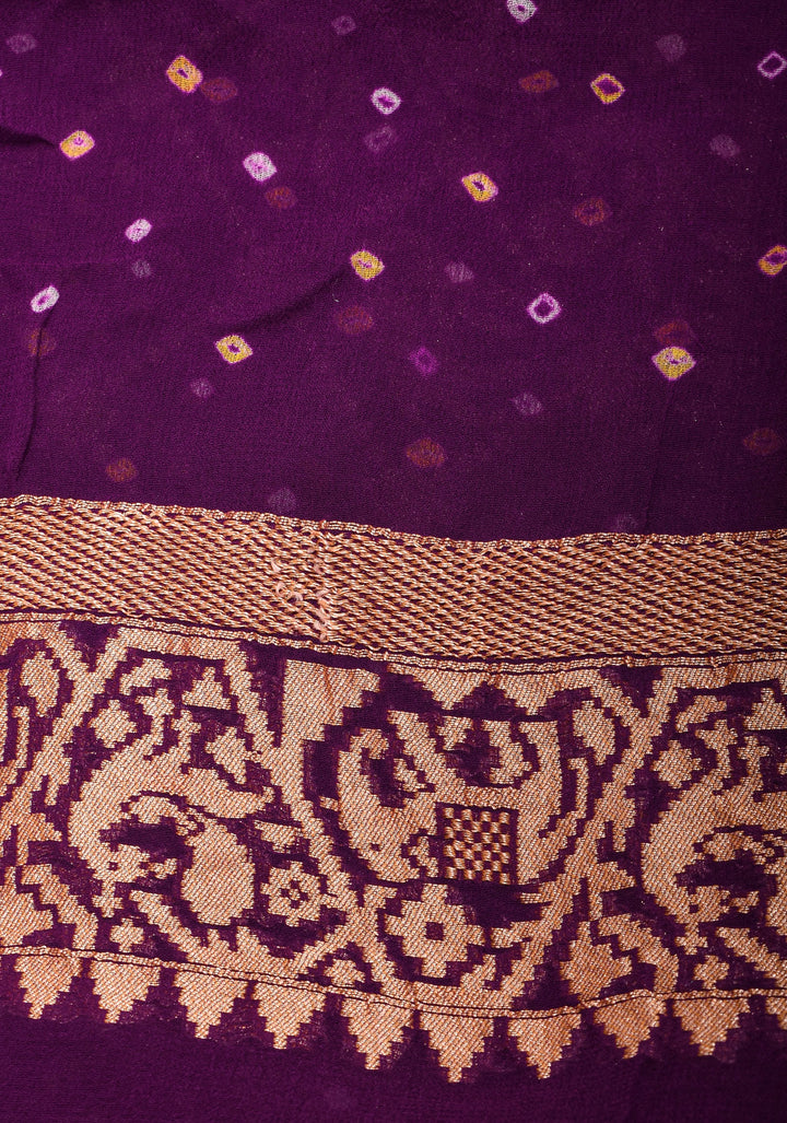 Exquisite Shikaargah Jaal Hand Bandhej Pure Banarasi Silk Georgette Saree in Purple | SILK MARK CERTIFIED