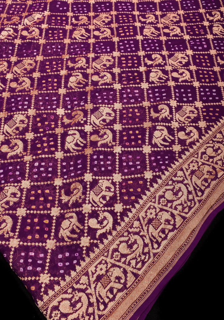 Exquisite Shikaargah Jaal Hand Bandhej Pure Banarasi Silk Georgette Saree in Purple | SILK MARK CERTIFIED