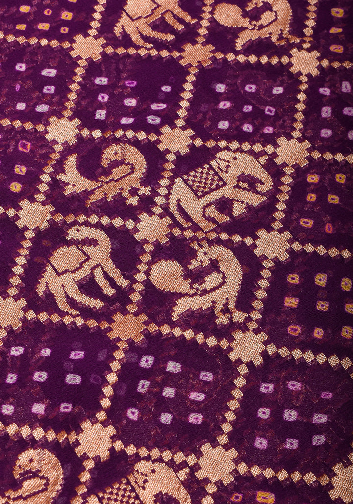 Exquisite Shikaargah Jaal Hand Bandhej Pure Banarasi Silk Georgette Saree in Purple | SILK MARK CERTIFIED
