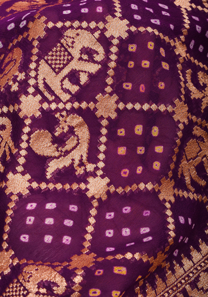 Exquisite Shikaargah Jaal Hand Bandhej Pure Banarasi Silk Georgette Saree in Purple | SILK MARK CERTIFIED