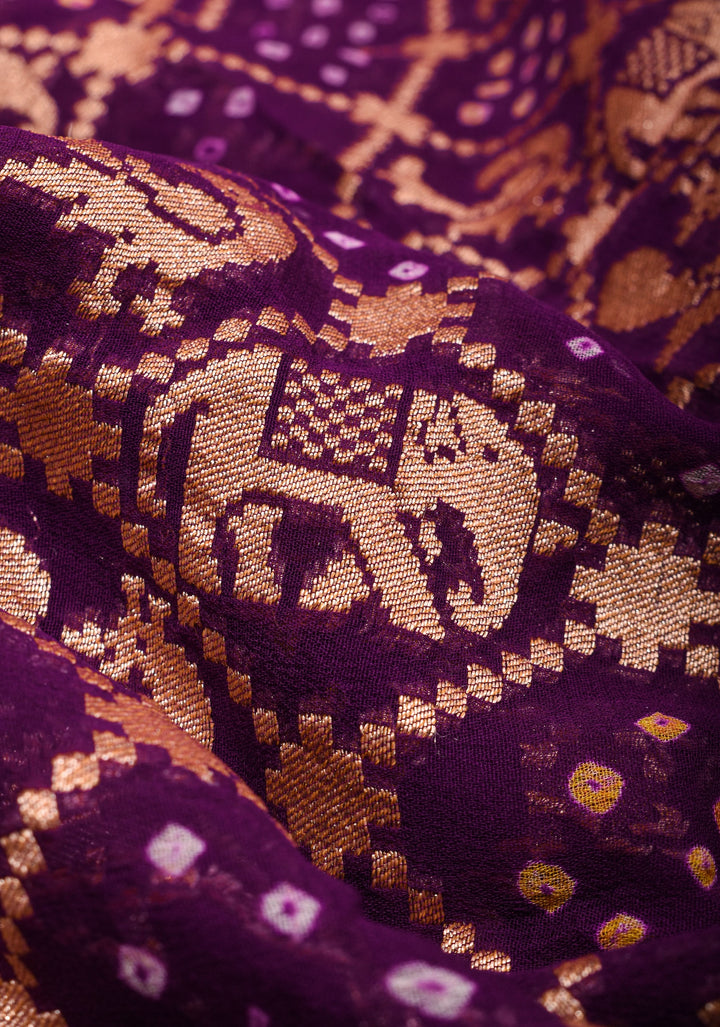 Exquisite Shikaargah Jaal Hand Bandhej Pure Banarasi Silk Georgette Saree in Purple | SILK MARK CERTIFIED