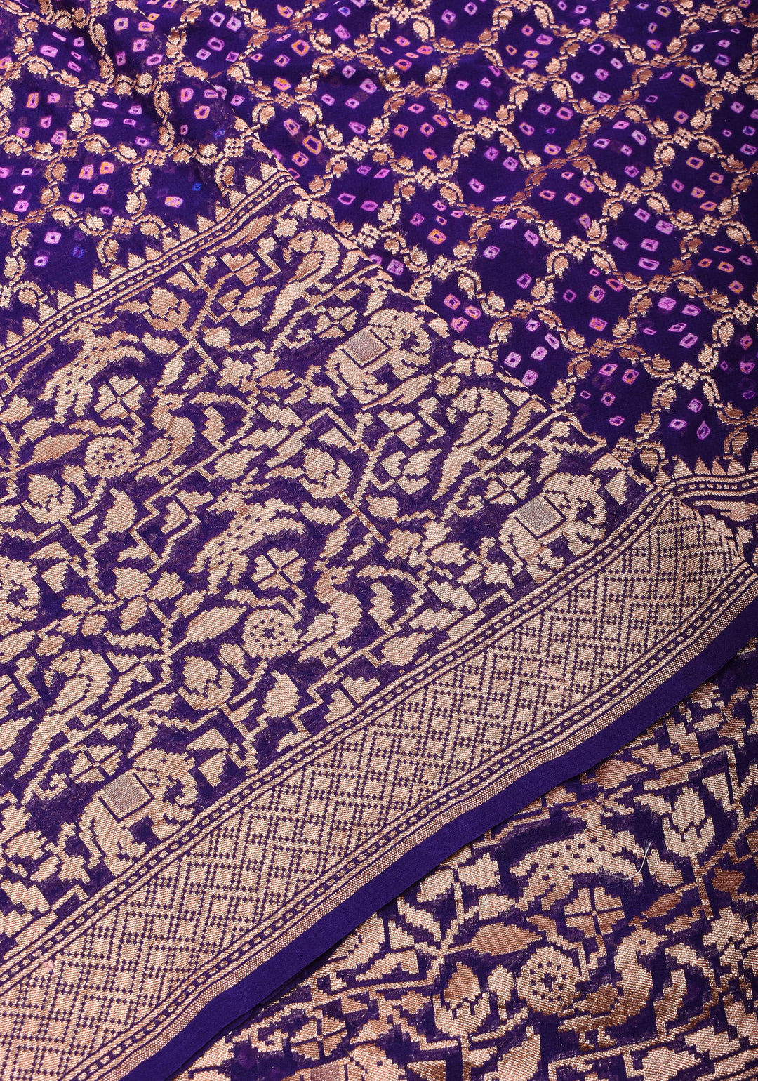 Purple Authentic Hand Bandhej on Shikaargah Skirt Border Banarasi Silk Georgette Saree | SILK MARKED CERTIFIED