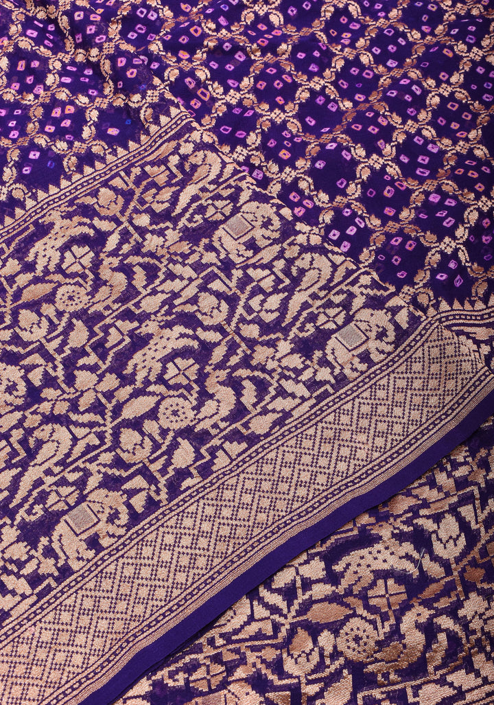 Purple Authentic Hand Bandhej on Shikaargah Skirt Border Banarasi Silk Georgette Saree | SILK MARKED CERTIFIED