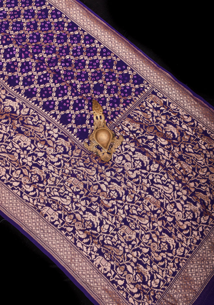 Purple Authentic Hand Bandhej on Shikaargah Skirt Border Banarasi Silk Georgette Saree | SILK MARKED CERTIFIED